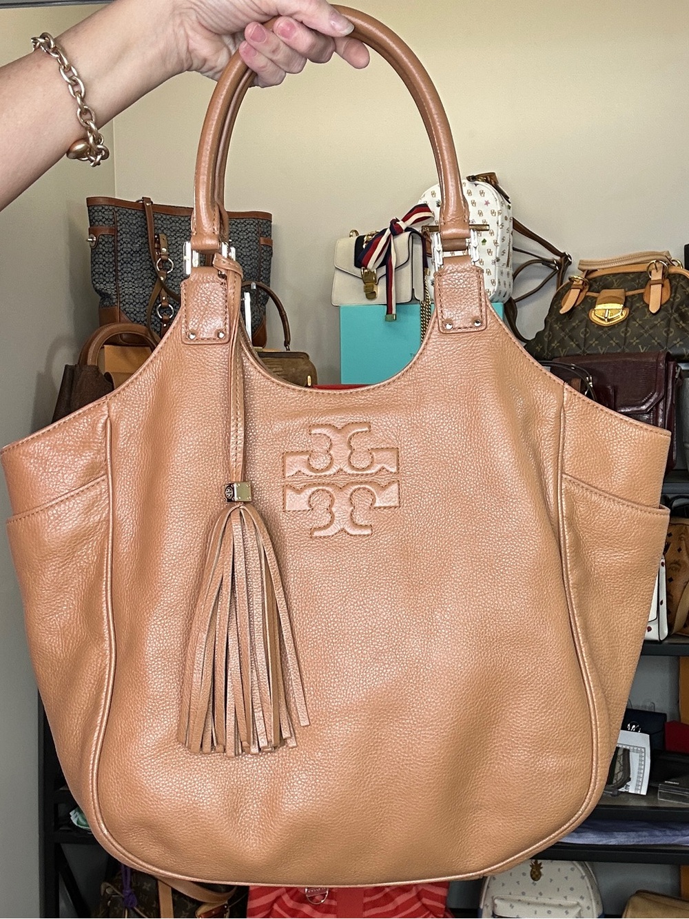 Tory Burch Thea Tassel Hobo Camel Tan Pebbled Leather Logo Shoulder Bag 2013